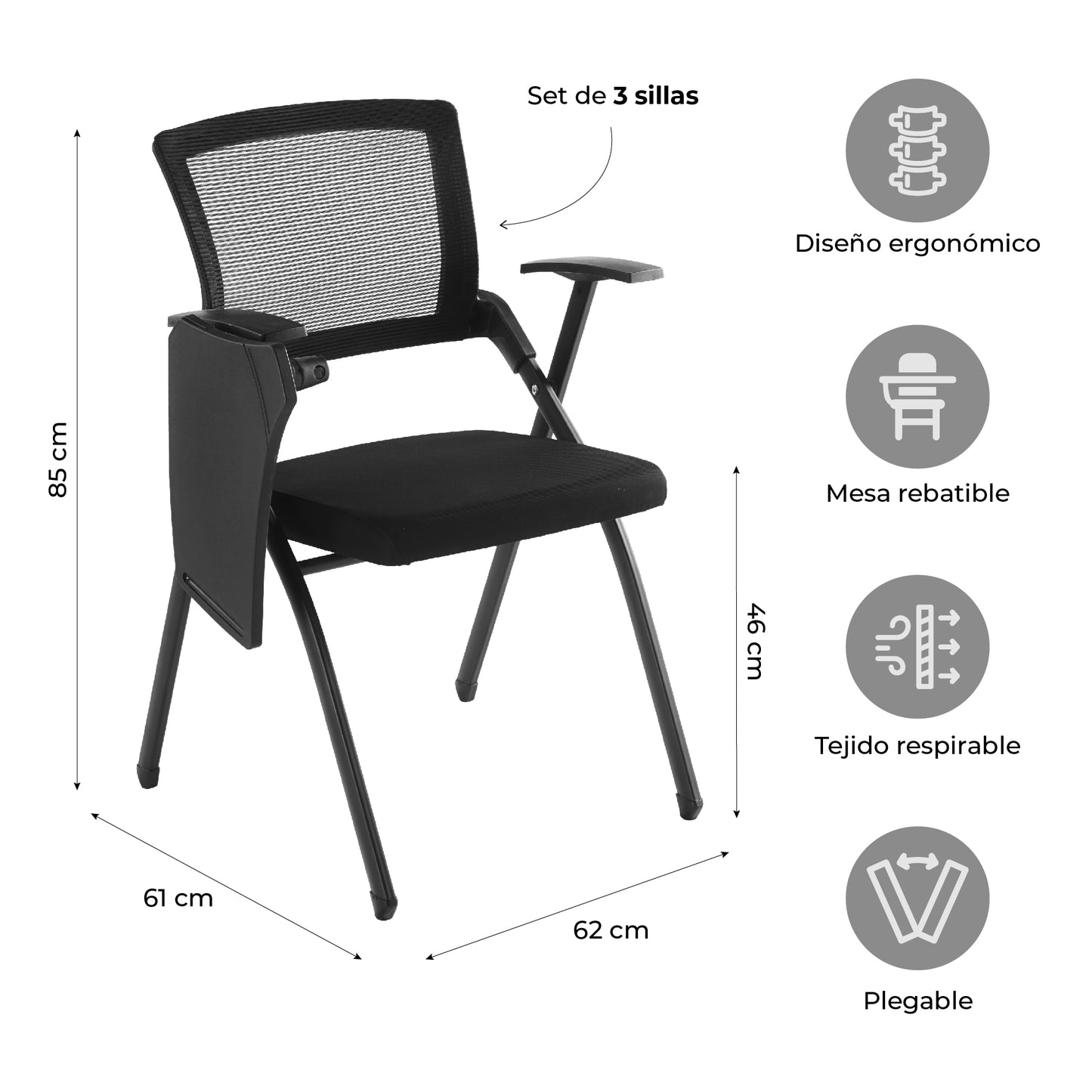 Set de 3 Sillas Universitarias con Pupitre ERGO3-810